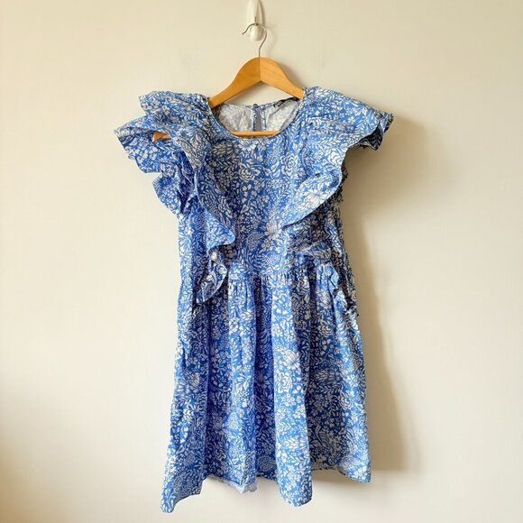 Zara Floral Ruffle Sleeve Cotton Poplin Mini Dress Blue White Size Large - Picture 12 of 14